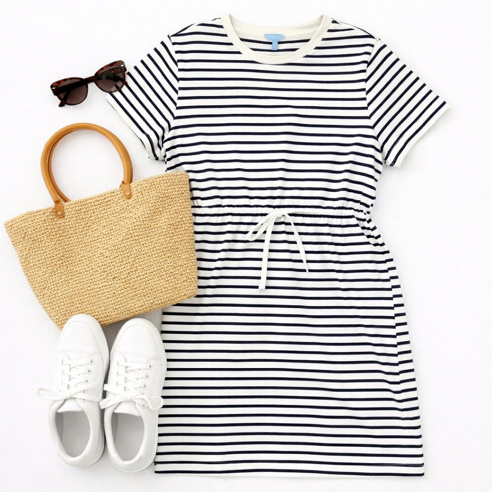 Draper James 2X Tie Waist Stripe T-Shirt Dress Cotton Navy White Plus Size